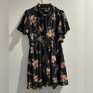 Zara Ruffled Floral Tie Mock Neck Mini Dress, Size S, EUC